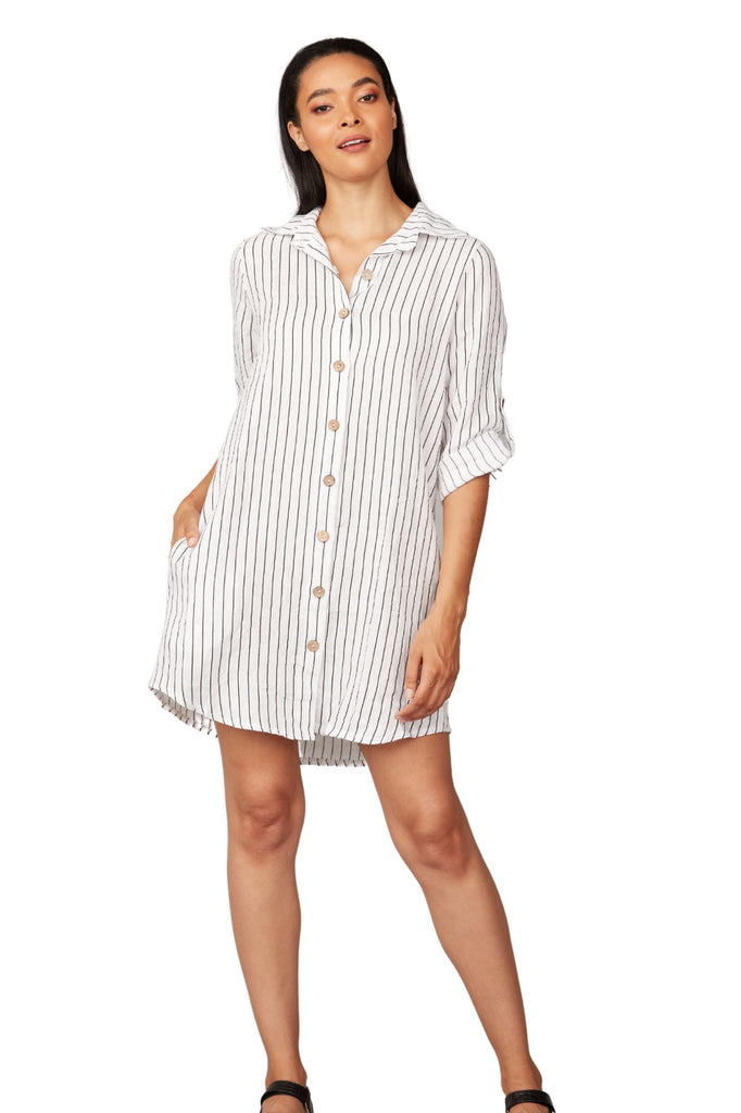 Pistache Linen Button Down Pinstripe Shirt Dress- White with Black - Styleartist
