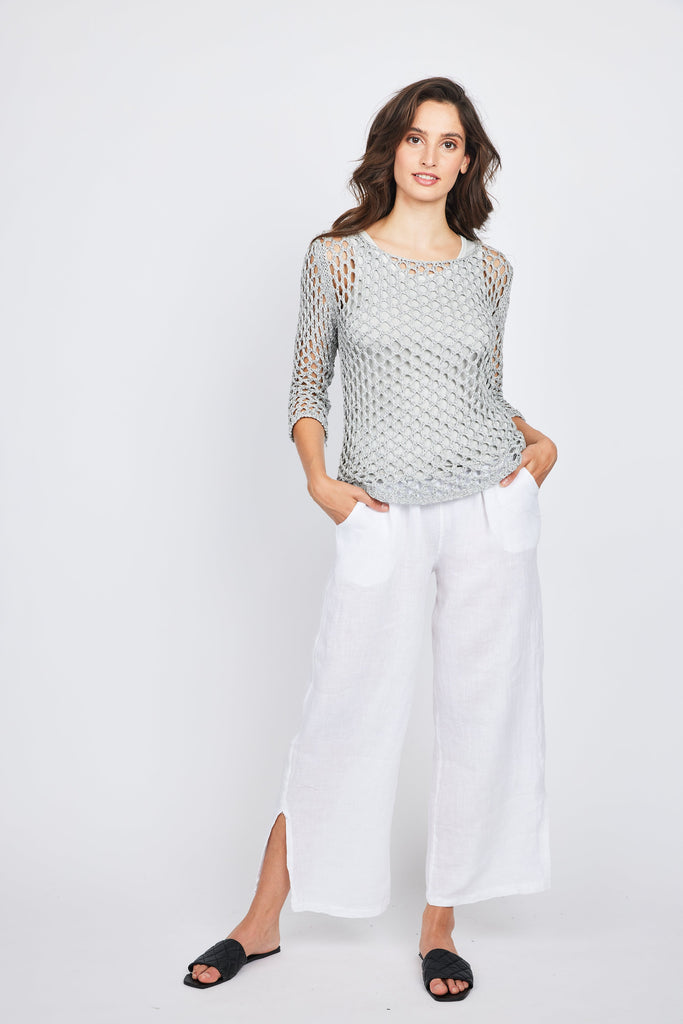 Pistache Linen Lounge Pant with Side Slits - White - Styleartist