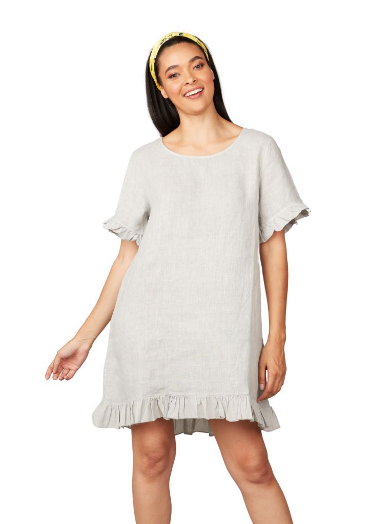 Pistache Linen Ruffle Short Sleeve Dress- Pebble - Styleartist