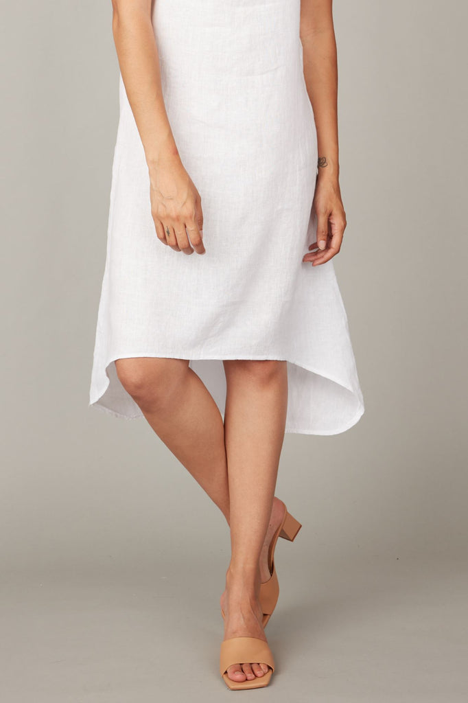 Pistache Linen Shift Dress with High Low Hem- White - Styleartist