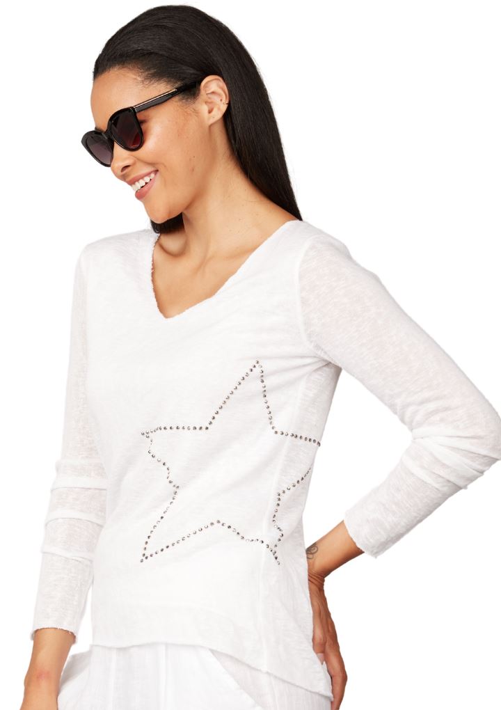 Pistache Long Sleeve Top with Star Applique- White - Styleartist