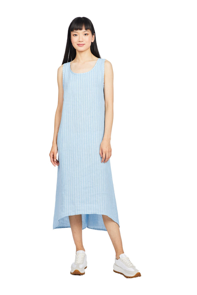 Pistache Pinstripe High-Low Linen Sheath Dress - Blue - Styleartist