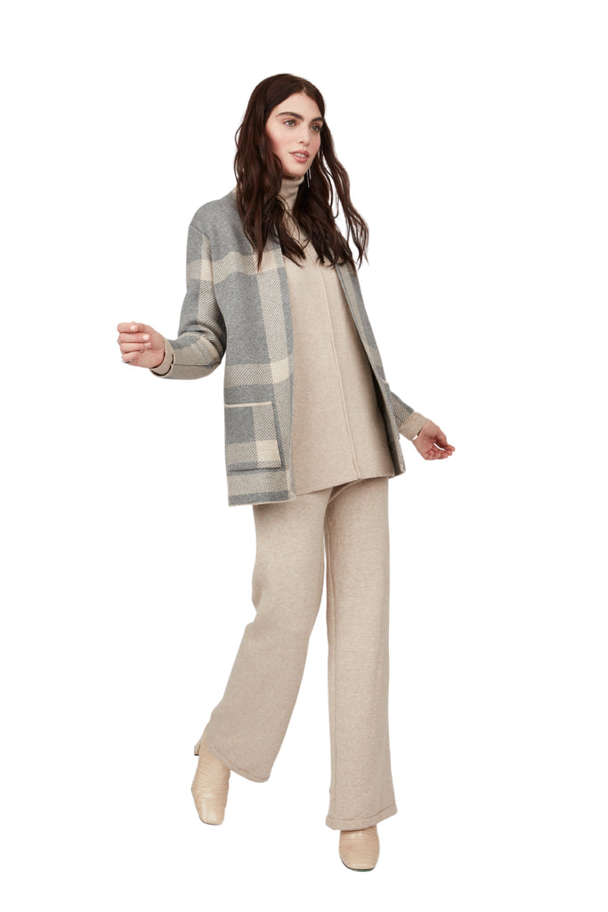 Pistache Plaid Knitted Car Coat - Grey - Styleartist