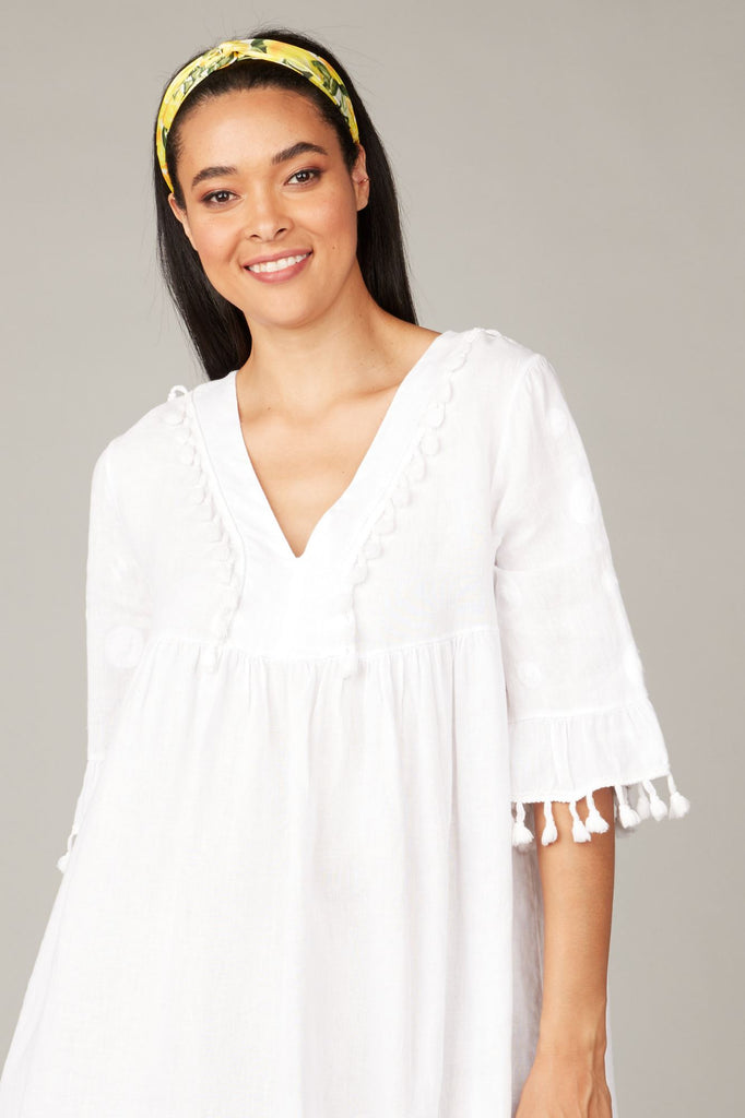 Pistache Pom Pom Linen Dress- White - Styleartist