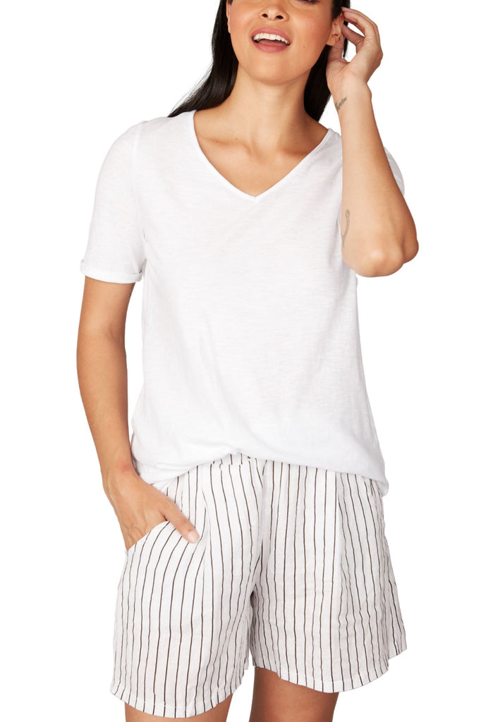 Pistache Relaxed Linen Pinstripe Shorts- White with Black - Styleartist