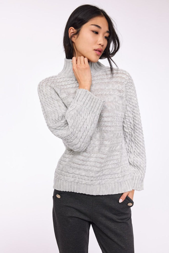 Pistache Ribbed Cable Knit Mock Neck Sweater - Pearl Grey - Styleartist