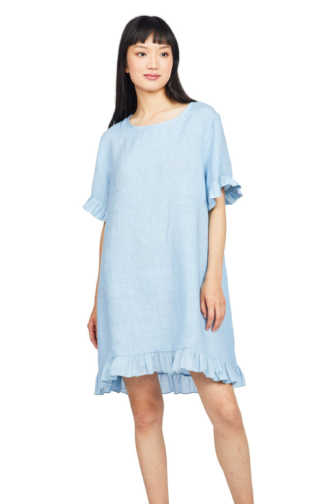 Pistache Ruffle Trim Linen Short Sleeve Dress - Sky Blue - Styleartist