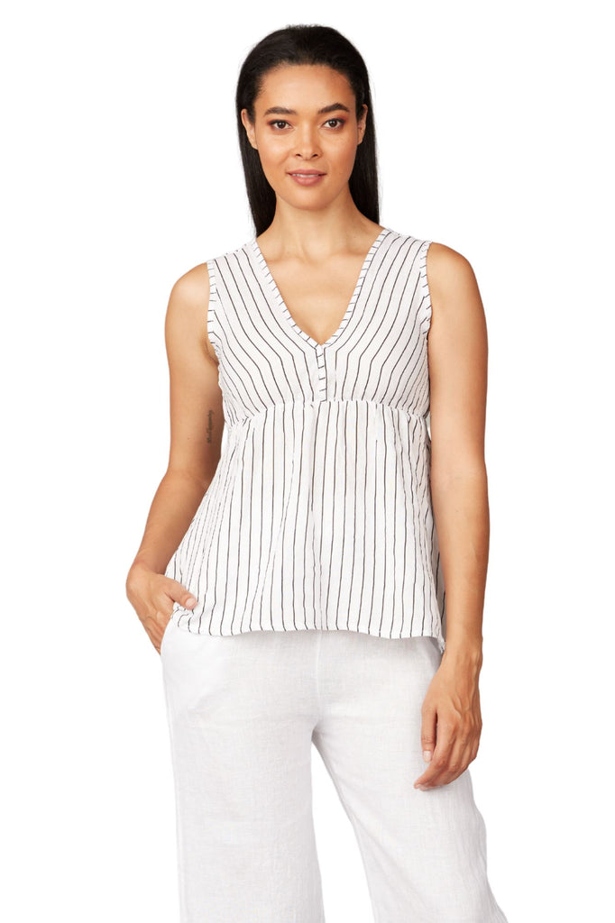 Pistache Sleeveless Linen Pinstripe Top- White with Black - Styleartist