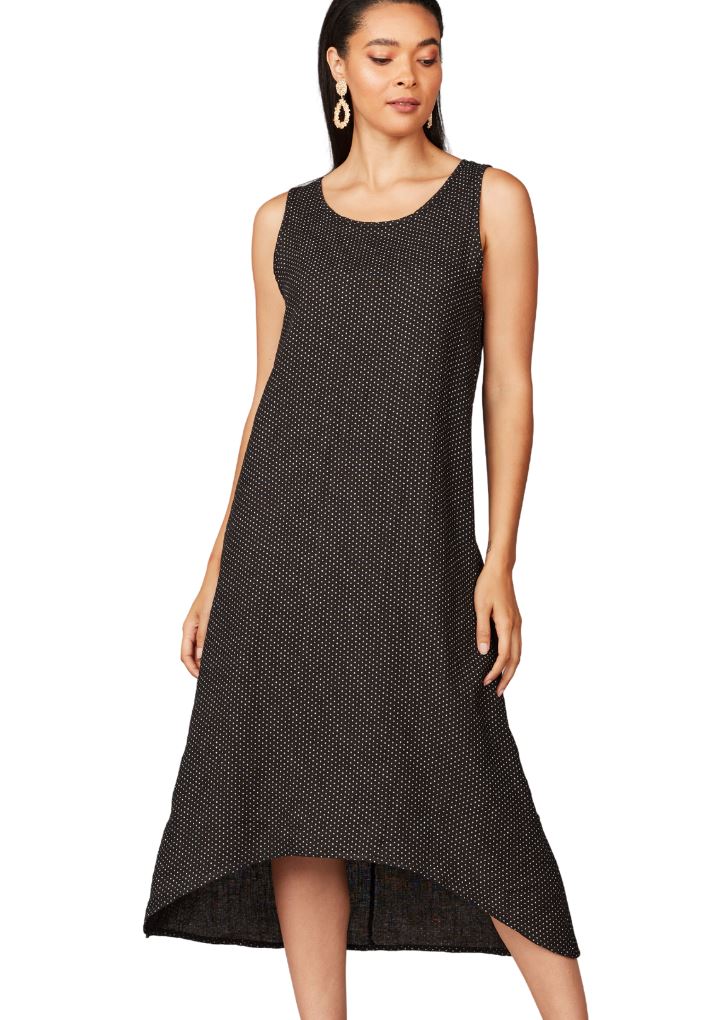 Pistache Linen Polka Dot Shift Dress with High Low Hem- Black - Styleartist