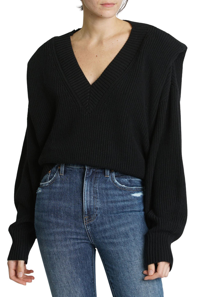 Pistola Camille V Neck Shoulder Pad Cotton Sweater- Black - Styleartist