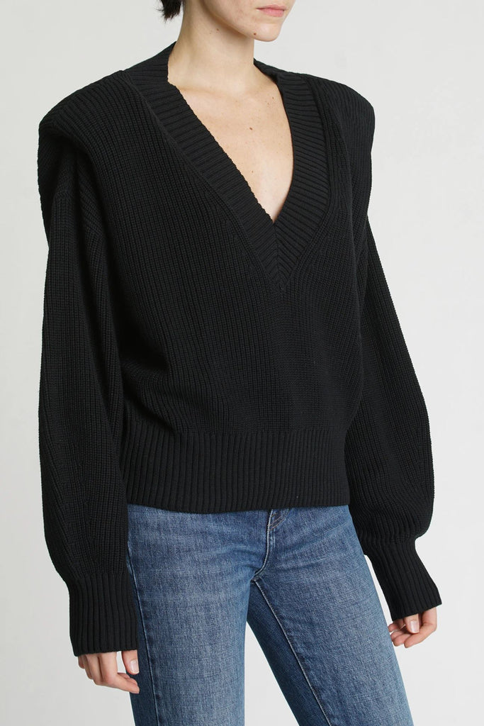 Pistola Camille V Neck Shoulder Pad Cotton Sweater- Black - Styleartist