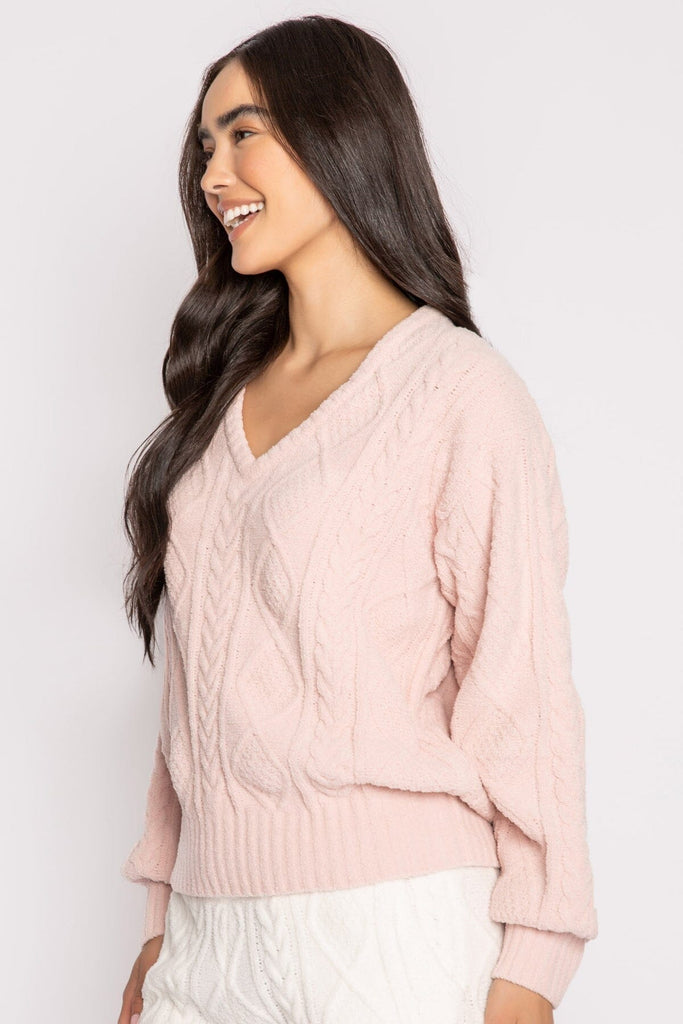 PJ Salvage Cable Crew Lounge V-Neck Top- Pink Clay - Styleartist