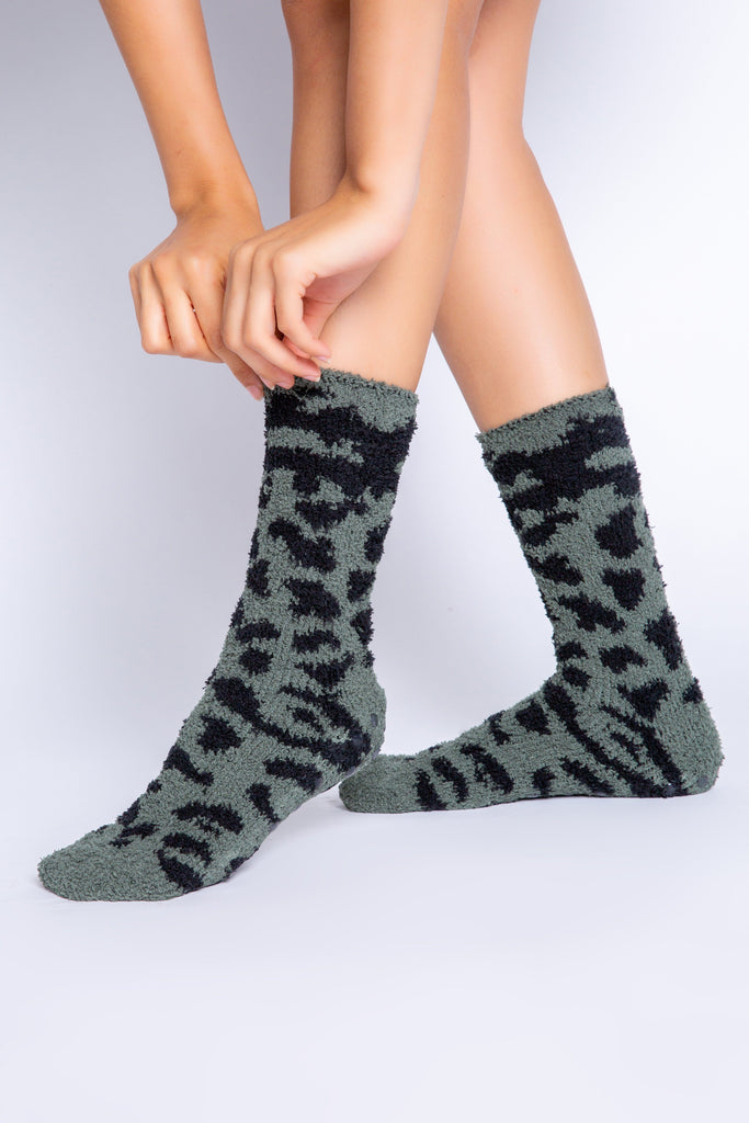 PJ Salvage Cozy Fun Socks Leopard- Olive - Styleartist