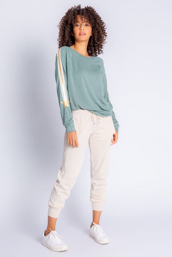 PJ Salvage Gold Star Status Long Sleeve Top- Sage - Styleartist