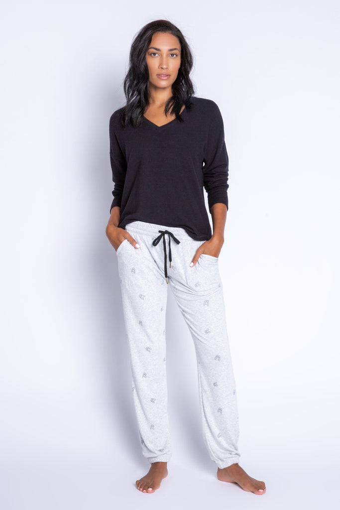 PJ Salvage Lily Rose Print Banded Pant- Heather Grey - Styleartist