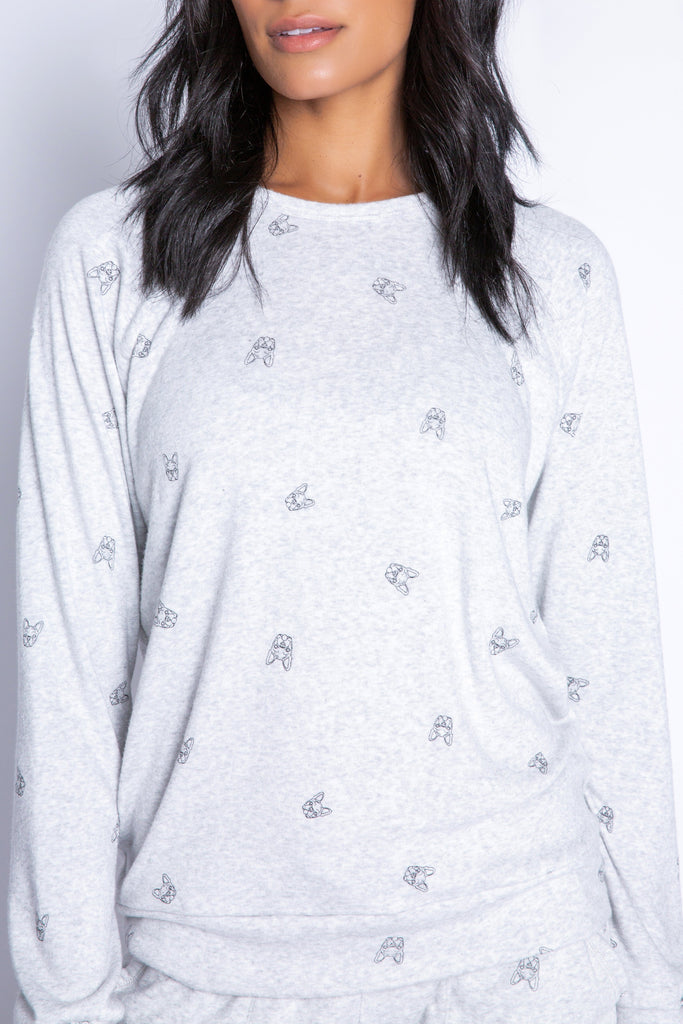 PJ Salvage Lily Rose Print Long Sleeve Top- Heather Grey - Styleartist