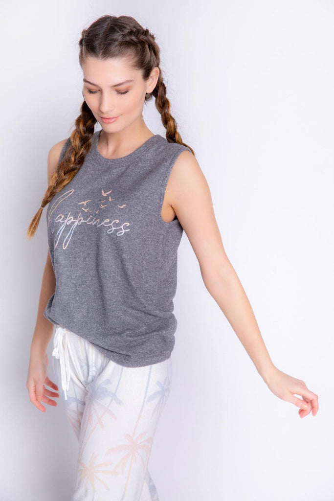 PJ Salvage Lounge Life Happiness Tank - Heather Charcoal - Styleartist