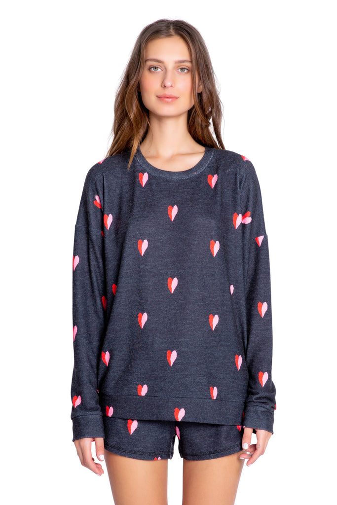 PJ Salvage Sealed With A Kiss Heart Printed Long Sleeve Top- Dark Grey - Styleartist