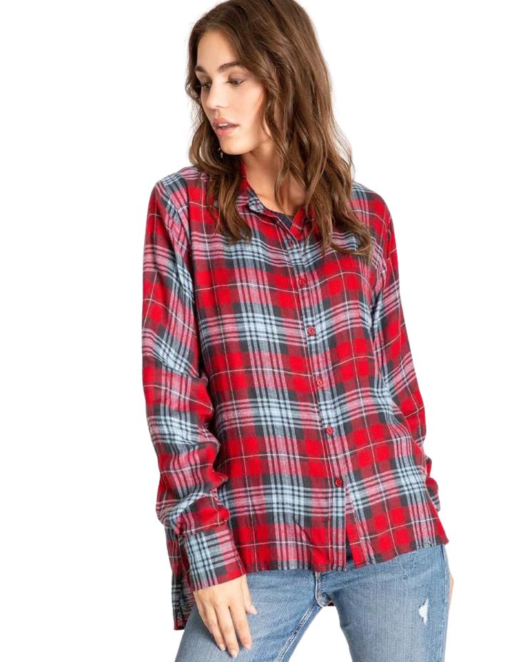 PJ Salvage Snowed in Plaid Long Sleeve Shirt - Red - Styleartist