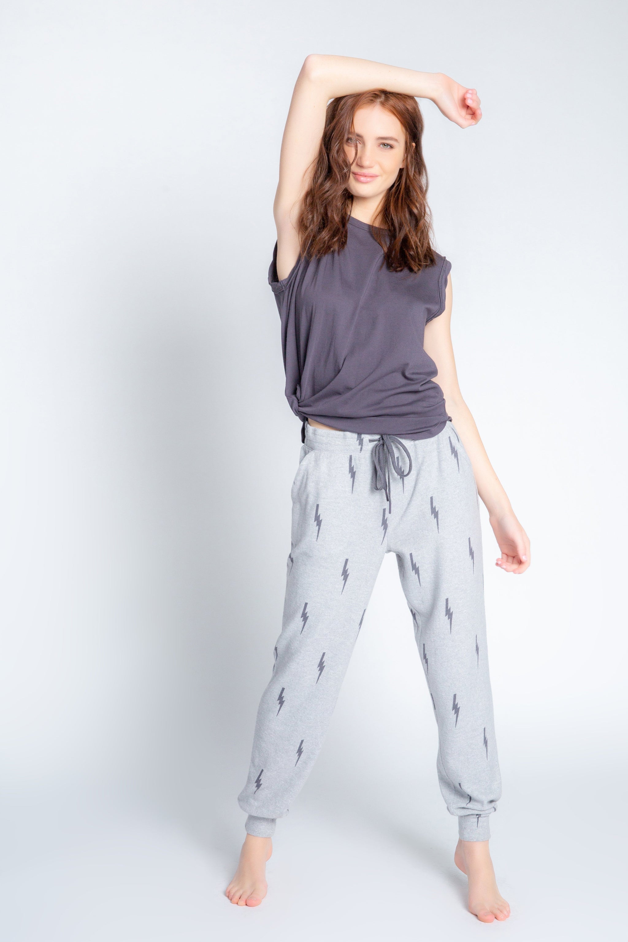 PJ Salvage Stormy Monday Lightning Bolt Banded Pants Heather Grey Styleartist