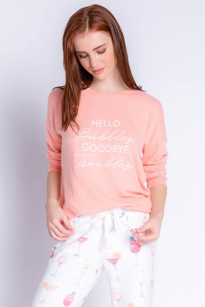 PJ Salvage Sunset Spritzers Hello Bubbles Long Sleeve Top- Coral - Styleartist
