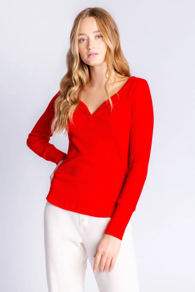 PJ Salvage Textured Essentials Long Sleeve Top-Red - Styleartist