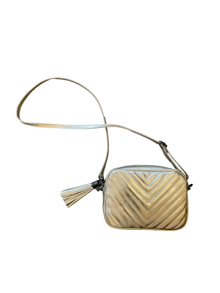 Quilted Leather Crossbody Bag with Side Tassel- Gold - Styleartist