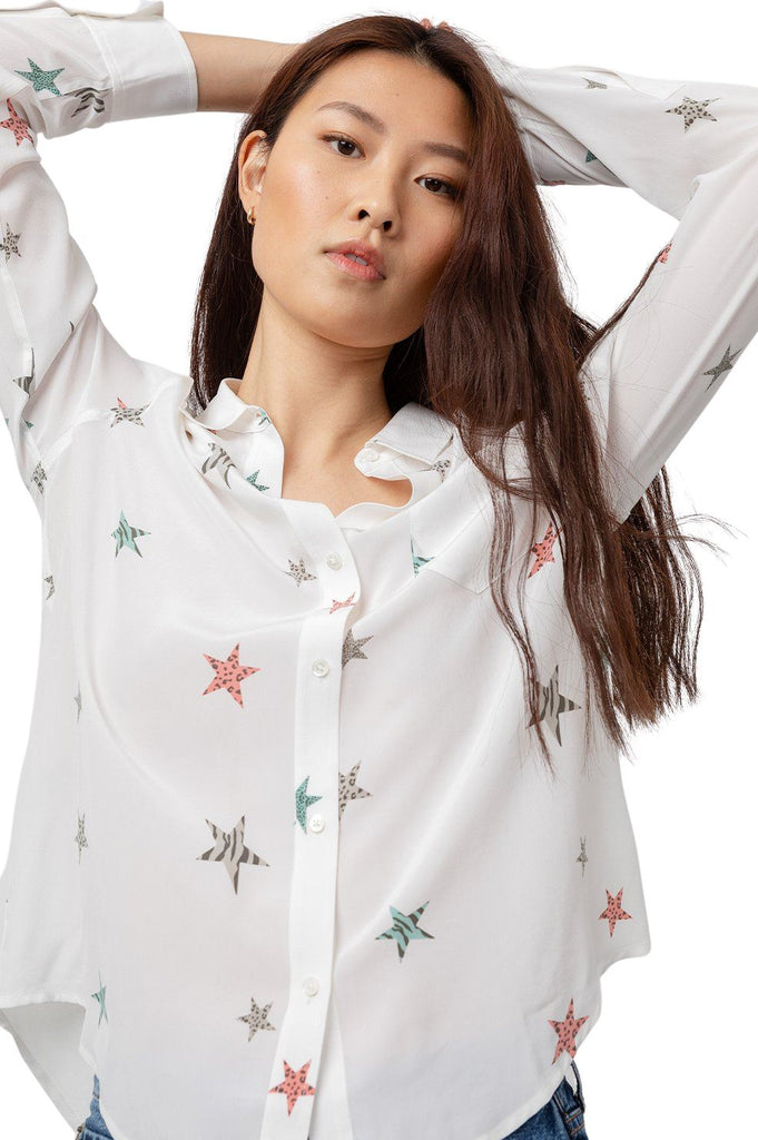 Rails Kate Silk Animal Stars Button Down - White Multicolour - Styleartist