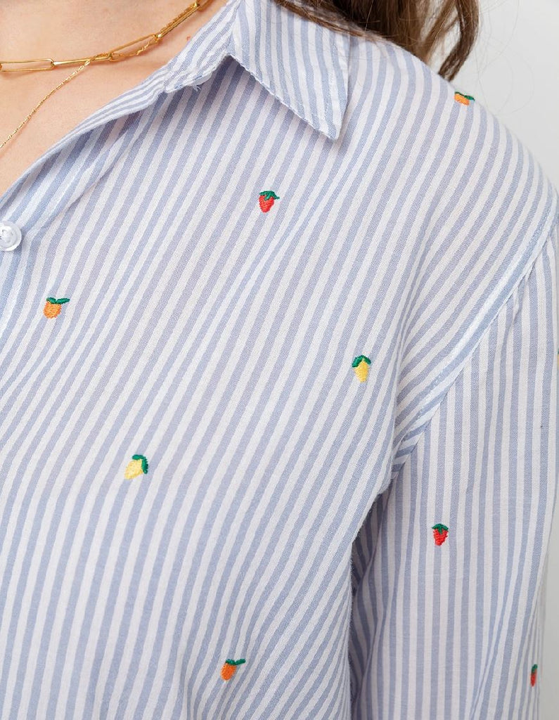 Rails Taylor Embroidered Citrus Pin Stripe Shirt  - Blue & White - Styleartist