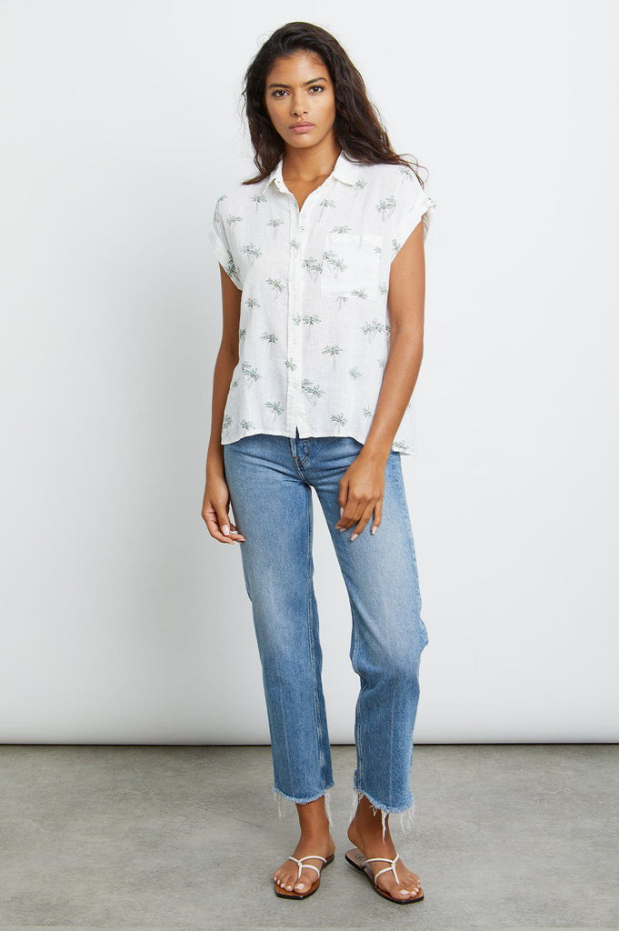 Rails Whitney Short Sleeve Button Down Linen Shirt- Sketched Palms - Styleartist