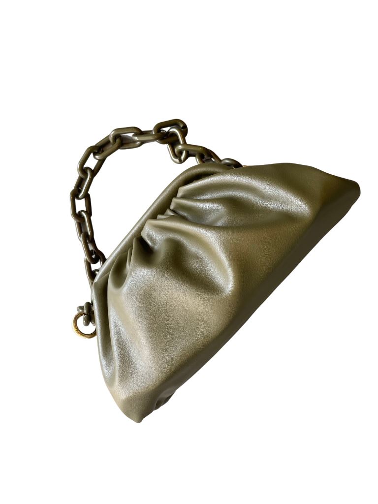 Ruched Chain Pouch Clutch- Green Vegan Leather - Styleartist