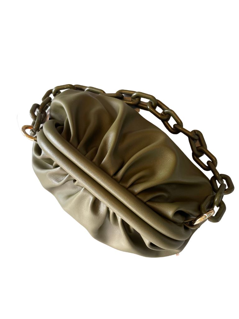 Ruched Chain Pouch Clutch- Green Vegan Leather - Styleartist