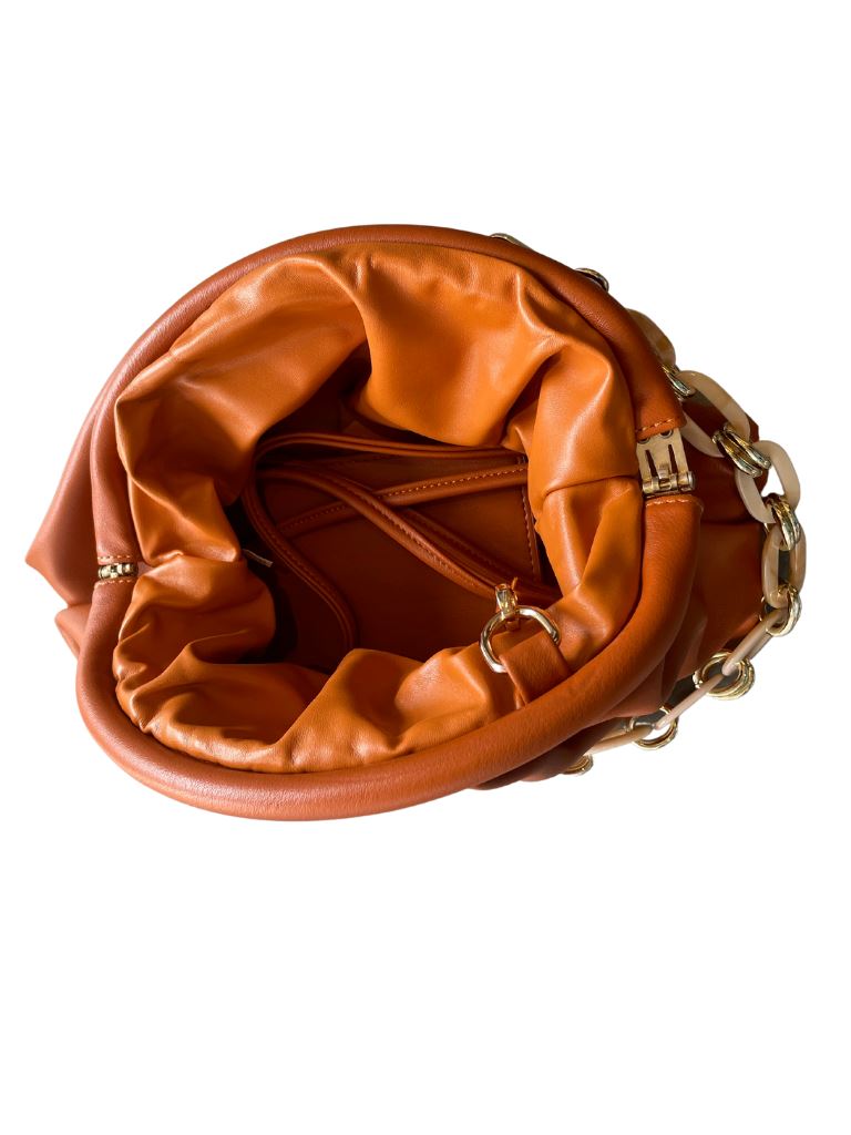Ruched Chain Pouch Handbag- Caramel Vegan Leather - Styleartist