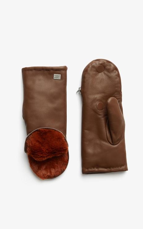 Soia & Kyo Betrice Faux Fur Lined Leather Mittens-Chestnut/Russet - Styleartist