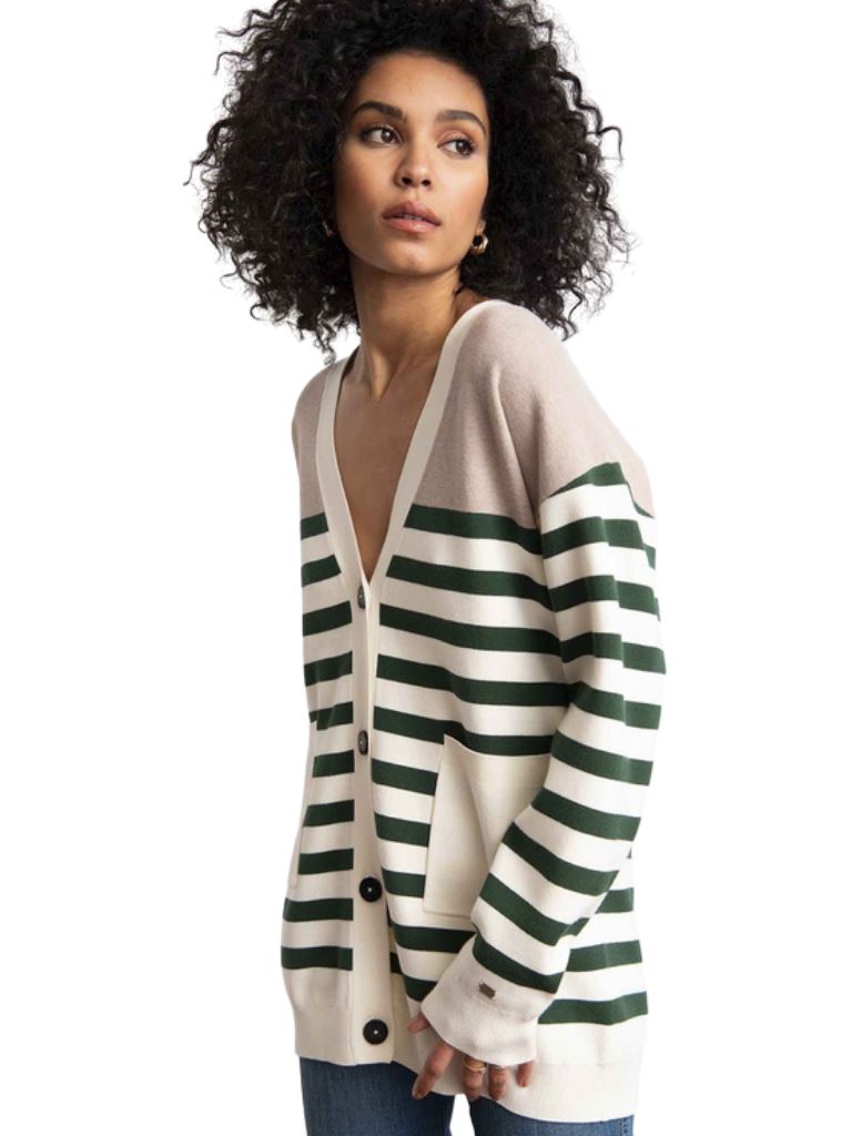 Soia & Kyo Sammi Boxy-Fit Sustainable Striped Knit Cardigan With Patch Pockets-Fawn/Juniper - Styleartist