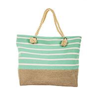 Striped Canvas Beach Bag with Rope Handle - Mint - Styleartist