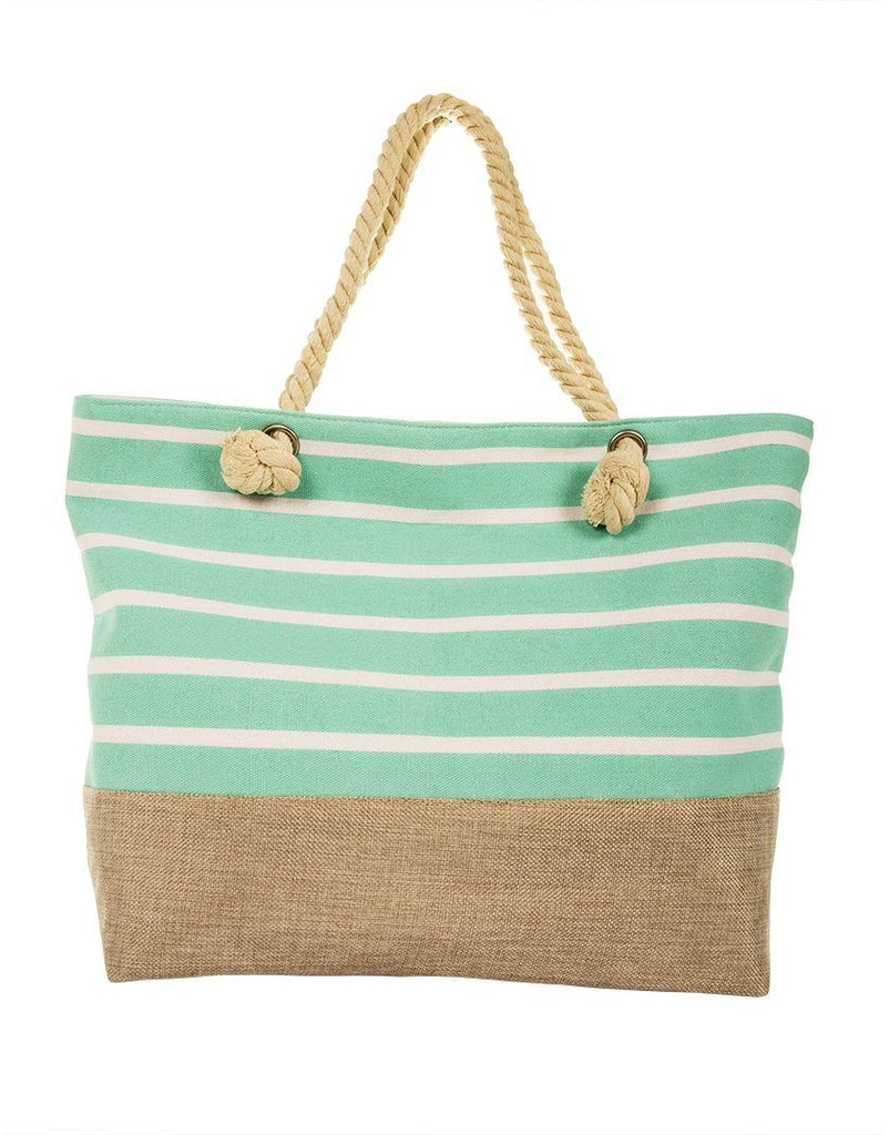 Striped Canvas Beach Bag with Rope Handle - Mint - Styleartist
