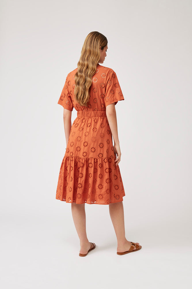 Suncoo Chiara Eyelet  Collared Dress-Terracotta - Styleartist