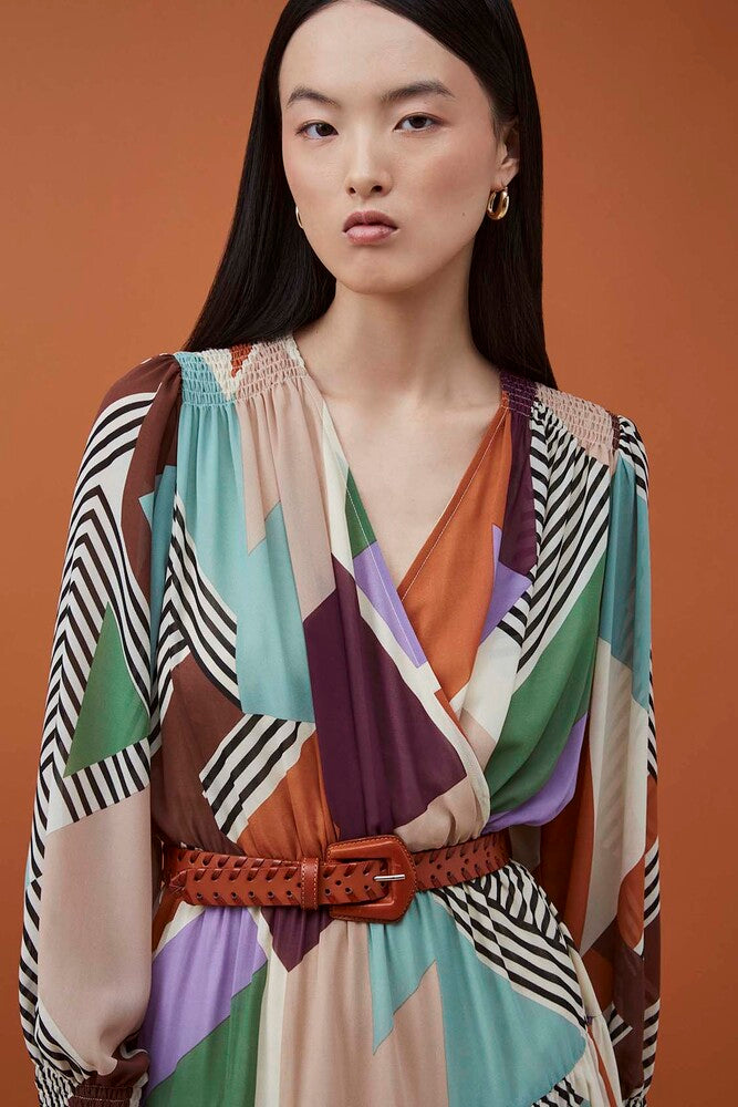 Suncoo Coral Geometric Colour-Block Dress - Terracotta - Styleartist
