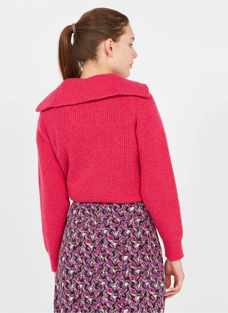 Suncoo Poldera Knit Quarter Zip Collared Sweater - Fuchsia - Styleartist