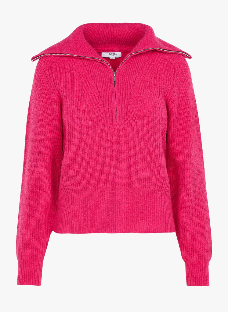 Suncoo Poldera Knit Quarter Zip Collared Sweater - Fuchsia - Styleartist