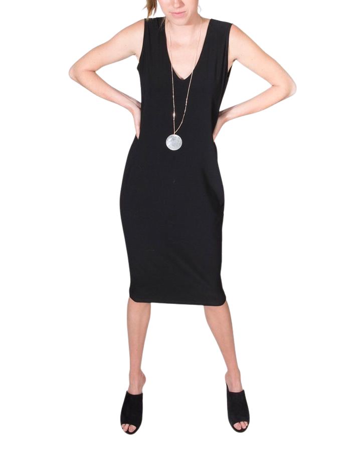 V Neck Stretch Mid Length Black Dress - Styleartist