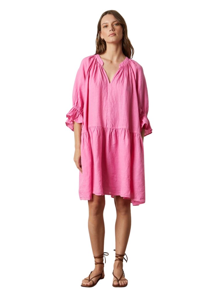 Velvet Bria 3/4 Sleeve Woven Linen Dress - Flamingo - Styleartist