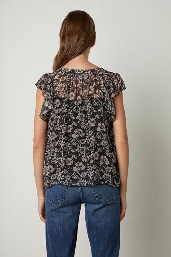 Velvet Demi Printed Viscose Ruffle Short Sleeve Blouse- Black Floral - Styleartist
