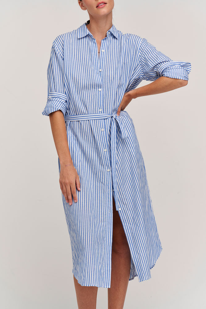 Velvet Heather Striped Cotton Shirt Dress- Blue - Styleartist