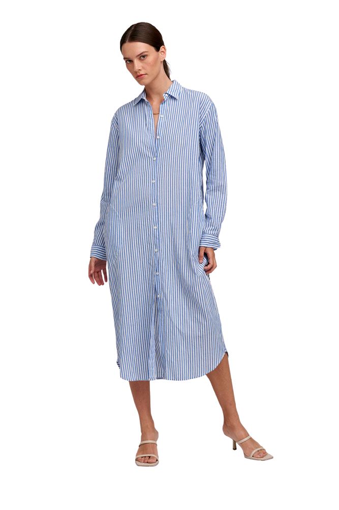 Velvet Heather Striped Cotton Shirt Dress- Blue - Styleartist