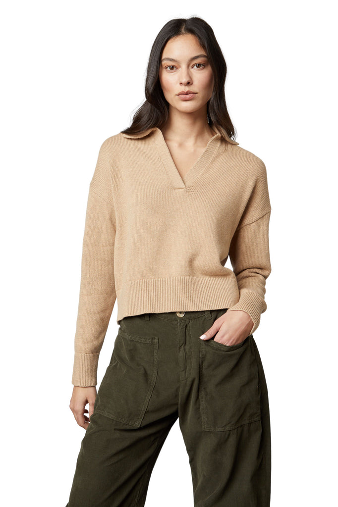 Velvet Lucie Cotton Cashmere Polo Collar Sweater- Camel - Styleartist