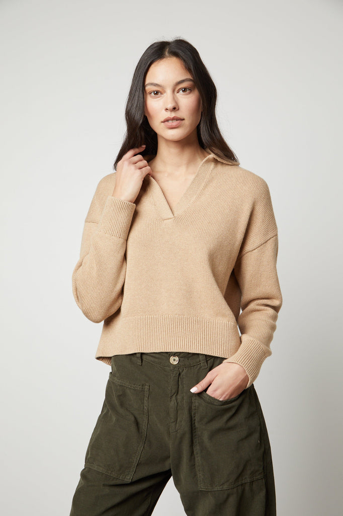 Velvet Lucie Cotton Cashmere Polo Collar Sweater- Camel - Styleartist