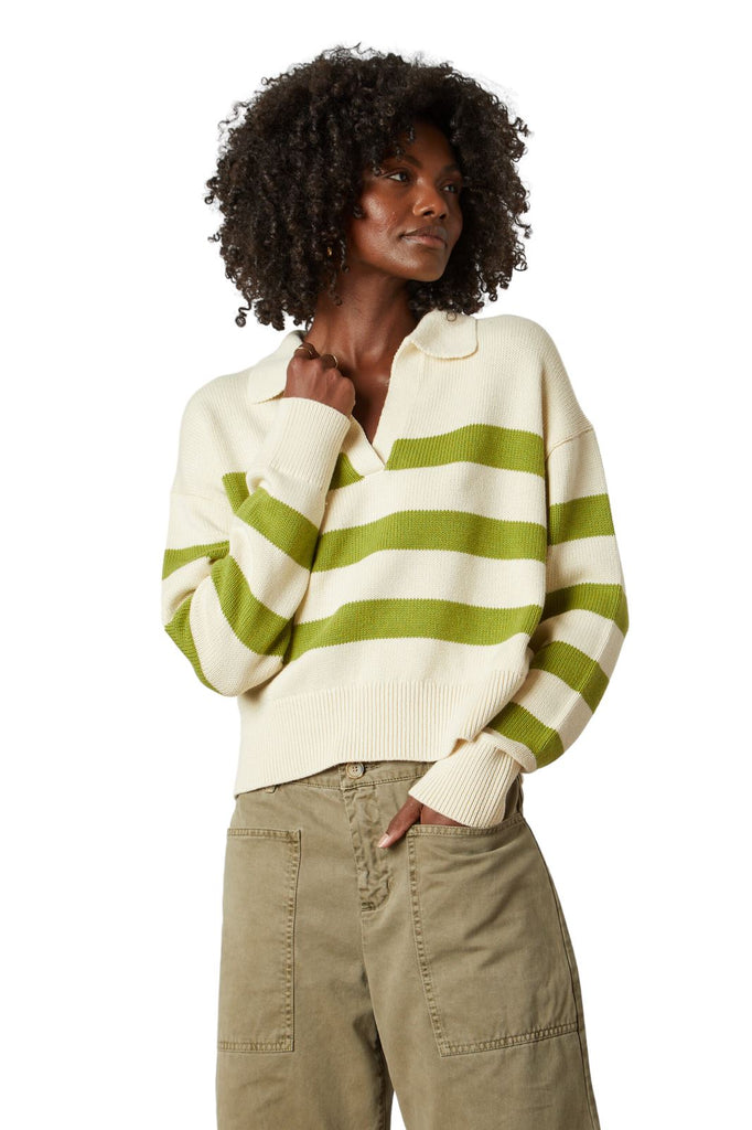 Velvet Lucie Striped Polo Sweater- Cream/Line - Styleartist