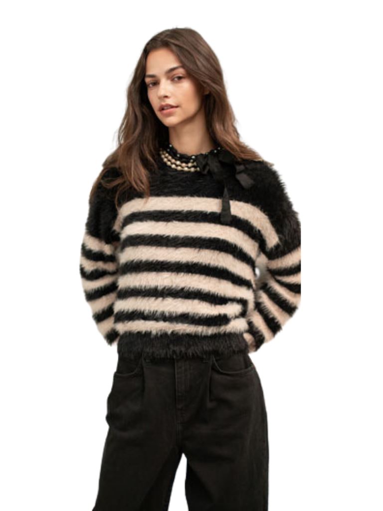 Velvet Lulu Feather Yarn Striped Sweater- Black/Blush - Styleartist